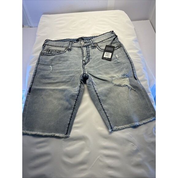 True Religion Ricky Super T Fray Relaxed Straight Shorts Men SZ 32 Light Demin - Picture 1 of 11